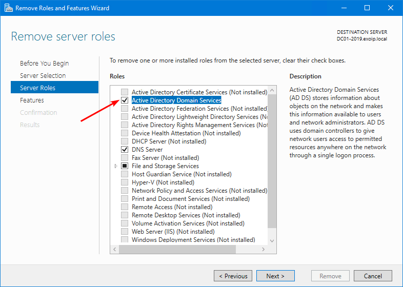 Clear the checkbox Active Directory Domain Services