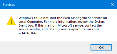 Web Management Service service could not start error code -2147483640