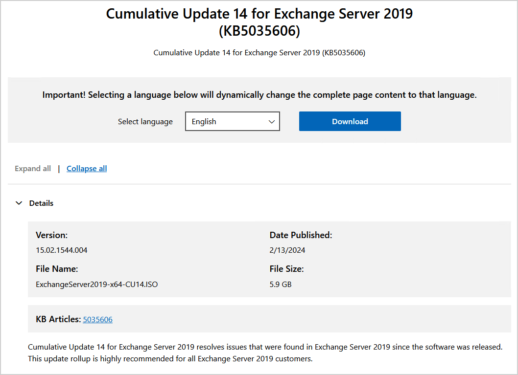 Cumulative Update 14 for Exchange Server 2019 download
