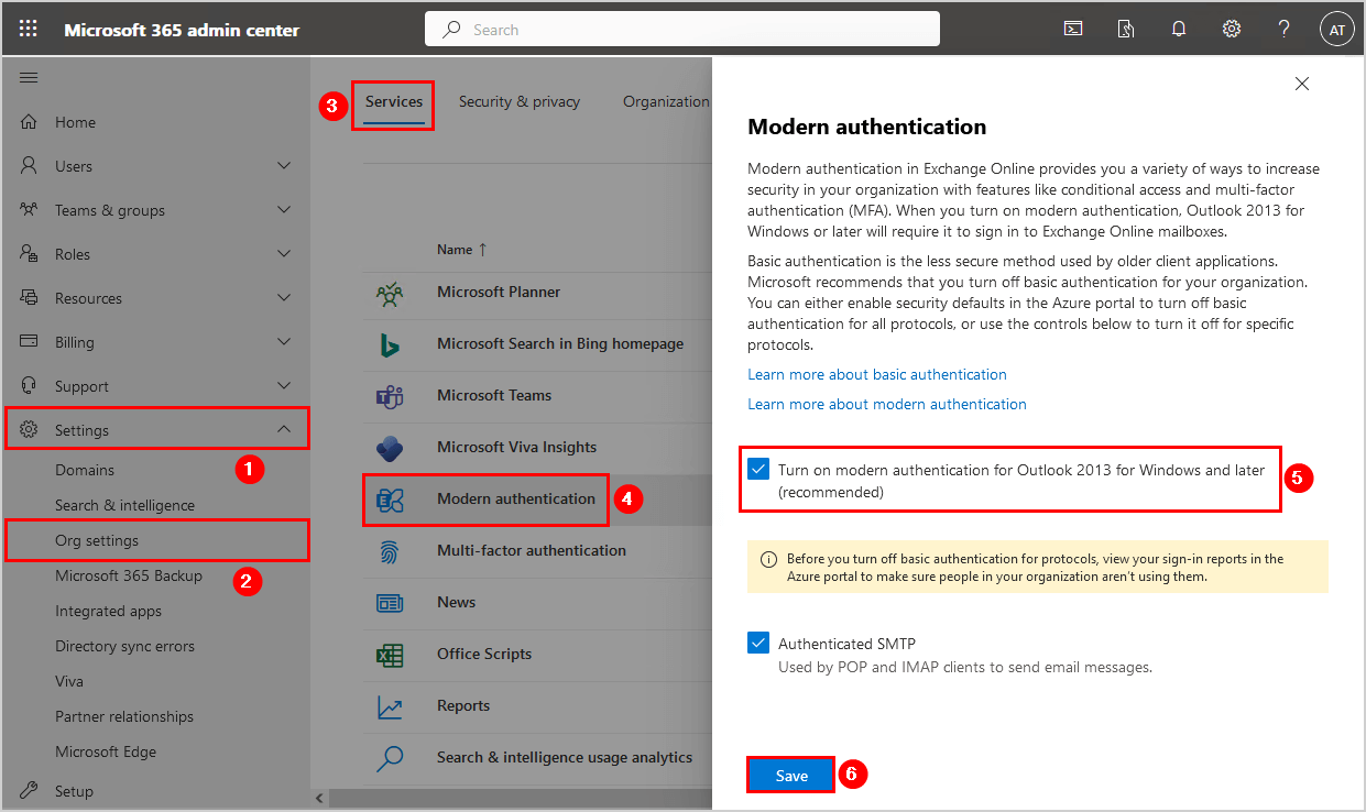 Enable modern authentication in Microsoft 365 admin center