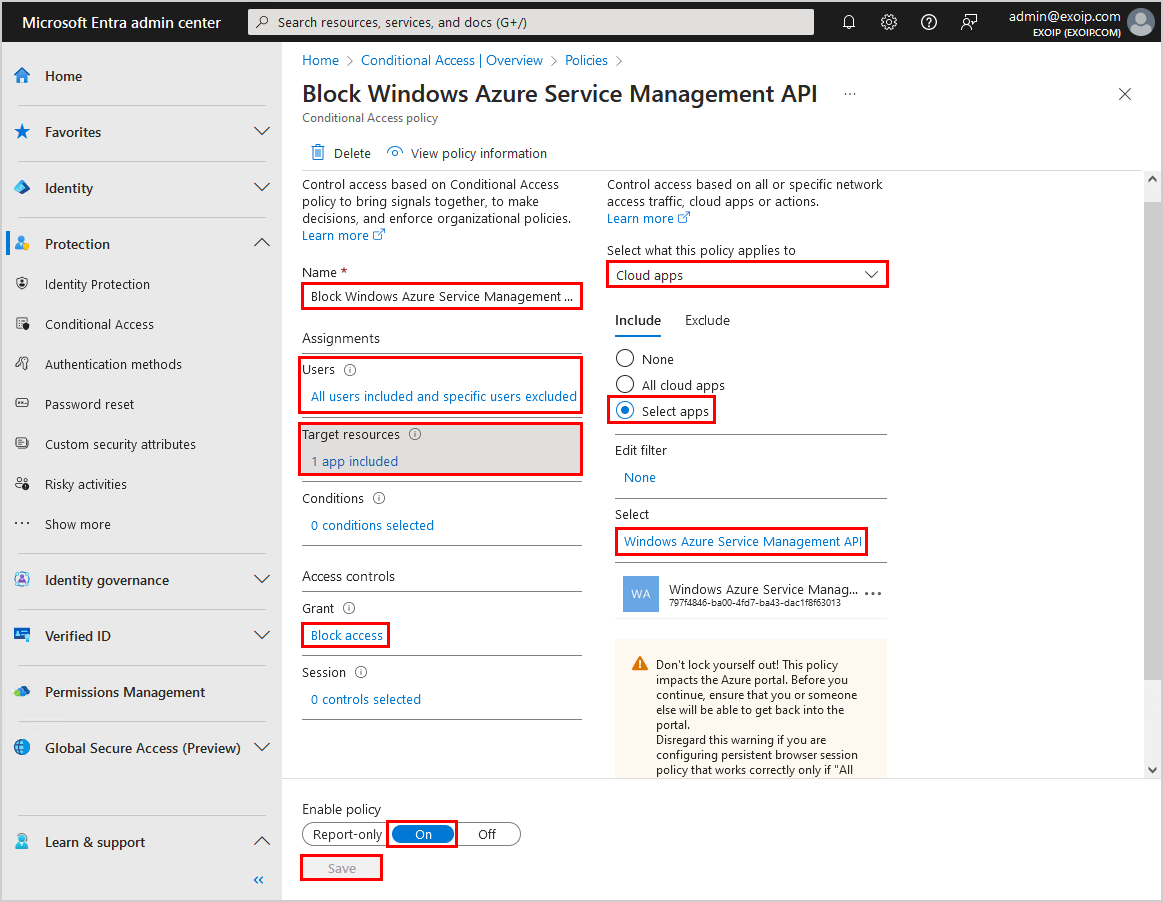 Block Windows Azure Service Management API with Conditional Access policy
