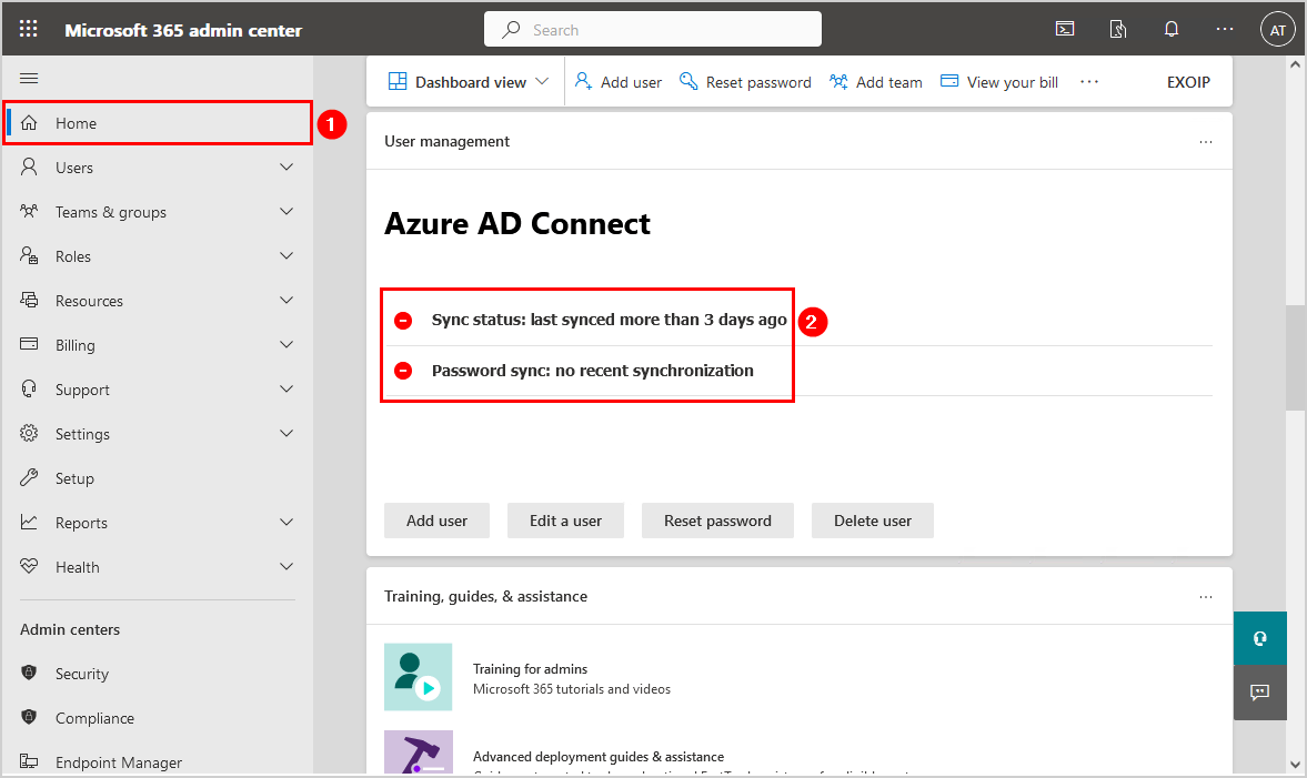 Microsoft Entra Connect sync status error in Microsoft 365 admin center