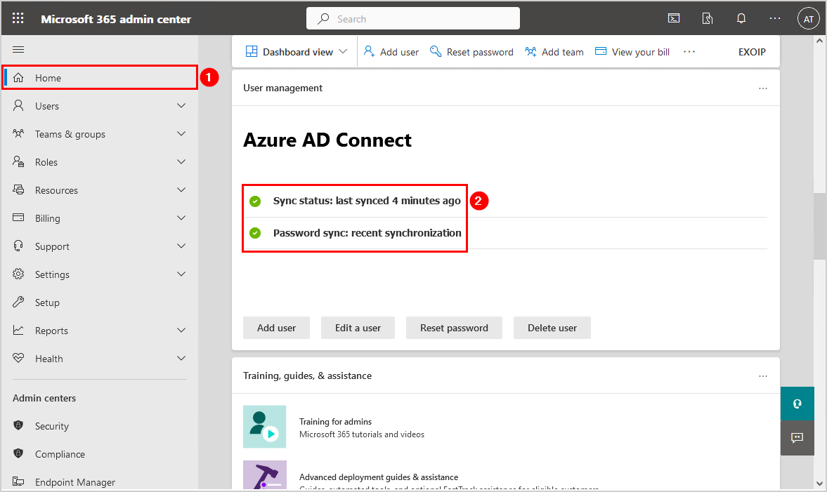 Microsoft Entra Connect sync status success in Microsoft 365 admin center