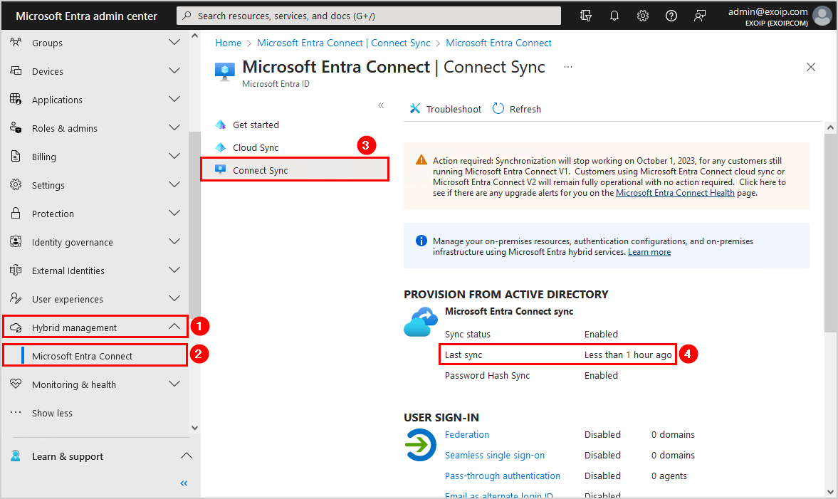 Microsoft Entra Connect sync status less than 1 hour ago
