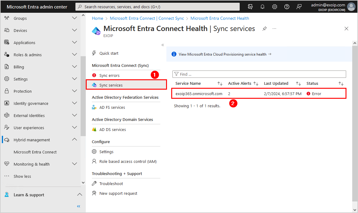 Microsoft Entra Connect Sync server health sync services