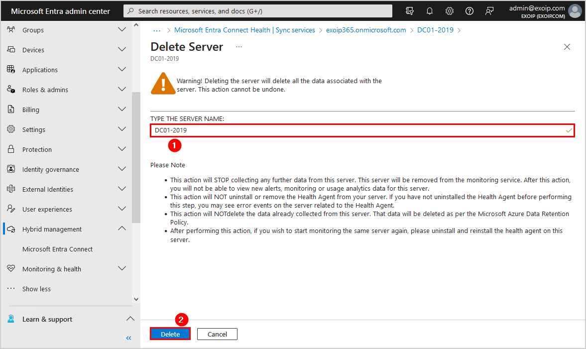 Confirm Delete Microsoft Entra Connect Sync server from Microsoft Entra ID