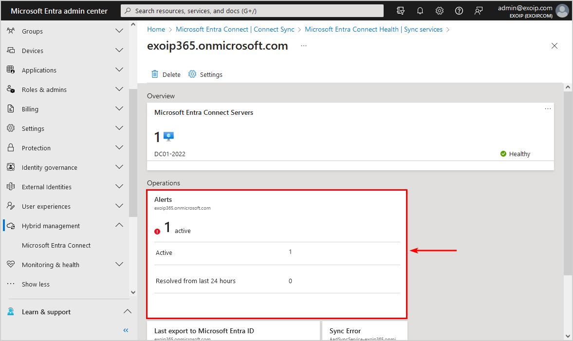 Microsoft Entra Connect Sync health alerts