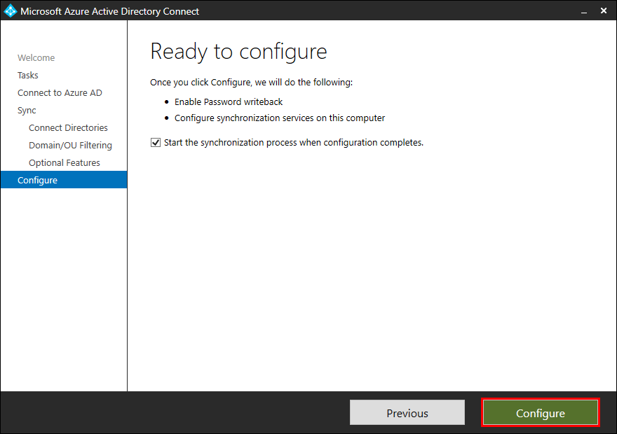 Microsoft Entra Connect Sync ready to configure 