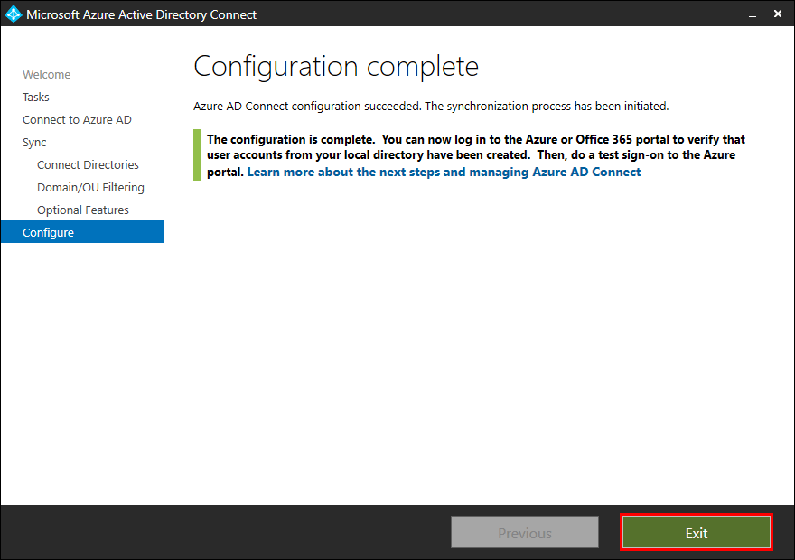 Microsoft Entra Connect Sync configuration complete